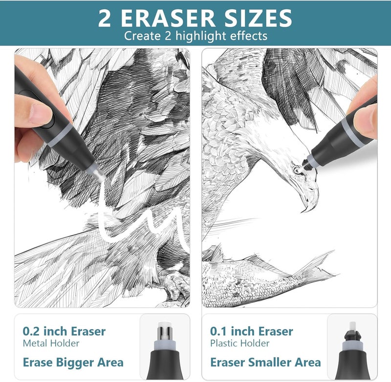 Foyucool Electric Eraser, USB C Rechargeable Pencil Eraser with 220 Eraser Refills, 2 Eraser Sizes, Comfort Grip Art Eraser for Drawing, Ideal for Artists, Students, Sketch, Engineers, Black - Image 4